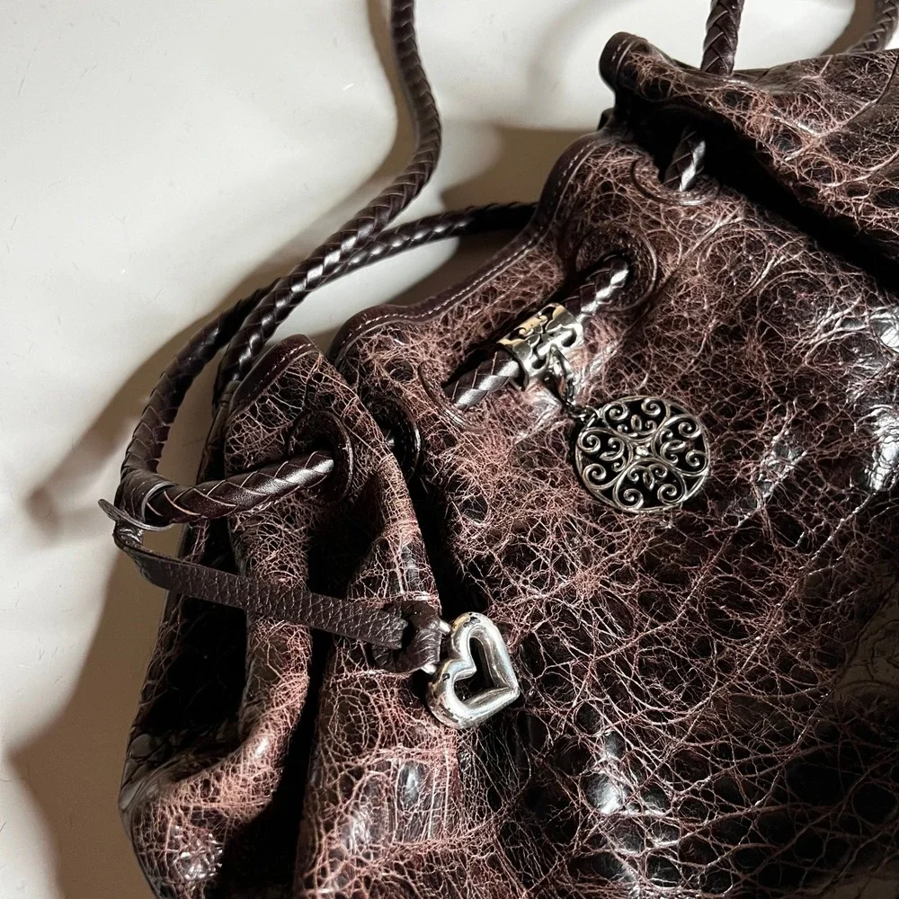 Brighton Croc Embossed Brown Leather Shoulder Bag Braided Strap Heart Charm